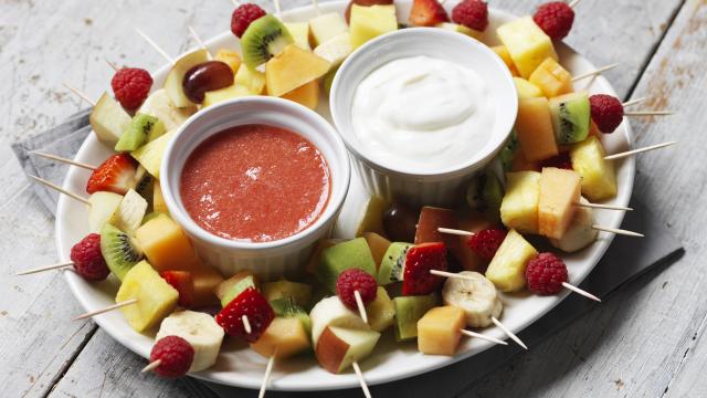 Skewered fruit with dipping sauces